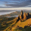 Old Man of Storr with Isle of Raasay and Cuillin mountains beyond. Isle of Skye. Scotland. June.